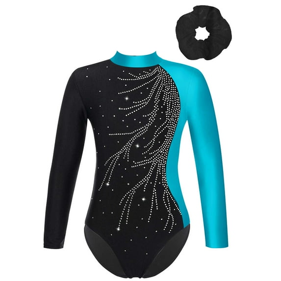 YONGHS Kids Girls Shiny Long Sleeve Gymnastic Leotard Unitard Biketard Bodysuit with Hair Band Set Lake Blue 6