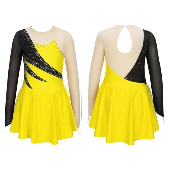 YONGHS Kids Girls Shiny Long Sleeves Roller Ice Figure Skating Dress Ballerina Ballet Dancewear Yellow 14