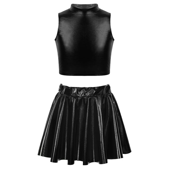 YONGHS Kids Girls Shiny Metallic Ballet Jazz Hip Hop Street Modern Dance Crop Top with Pleated Skirt Black 12
