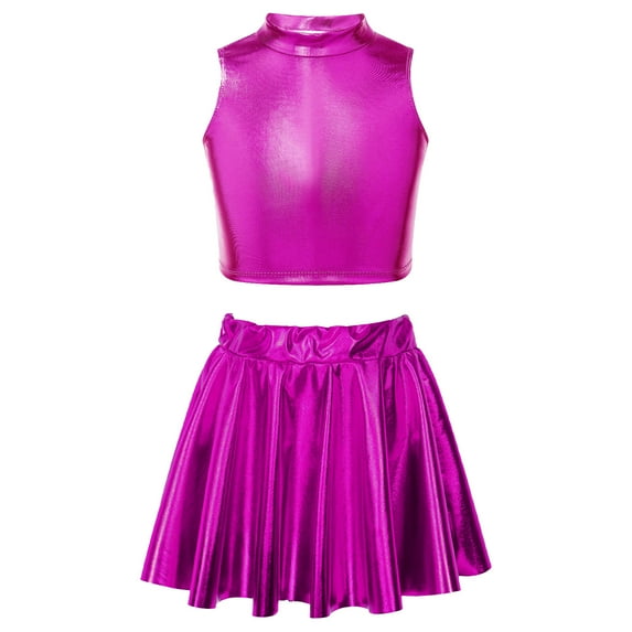 YONGHS Kids Girls Shiny Metallic Ballet Jazz Hip Hop Street Modern Dance Crop Top with Pleated Skirt Rose 10