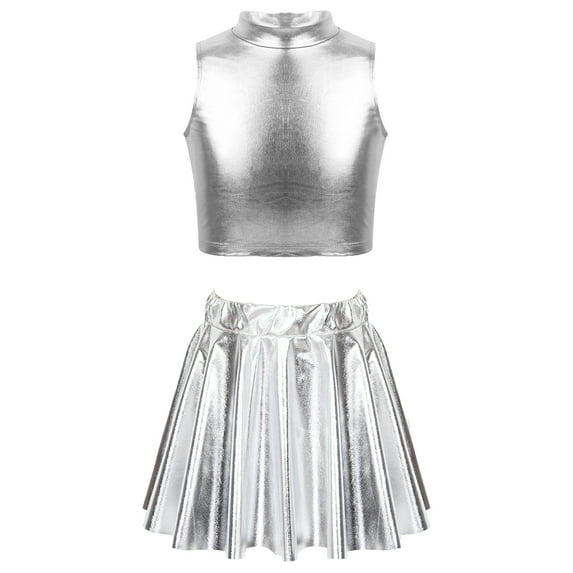YONGHS Kids Girls Shiny Metallic Ballet Jazz Hip Hop Street Modern Dance Crop Top with Pleated Skirt Silver 14