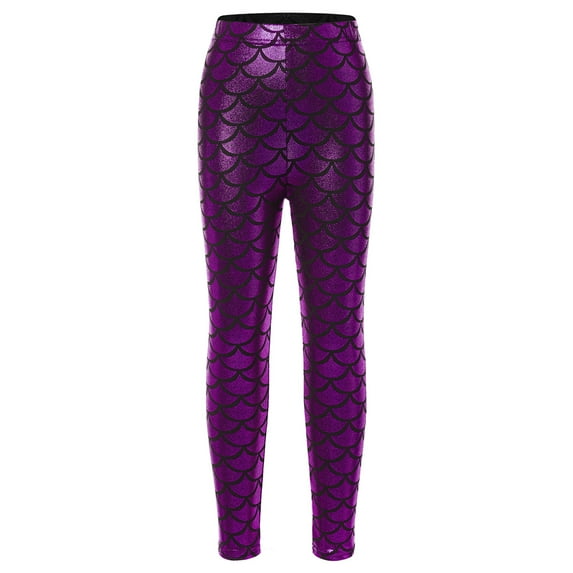 YONGHS Kids Girls Shiny Metallic Scale Mermaid Leggings Pants Tights Halloween Dance Party Trousers Purple 9-10