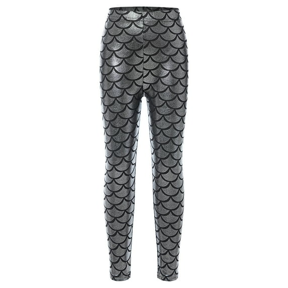 YONGHS Kids Girls Shiny Metallic Scale Mermaid Leggings Pants Tights Halloween Dance Party Trousers Silver 7-8