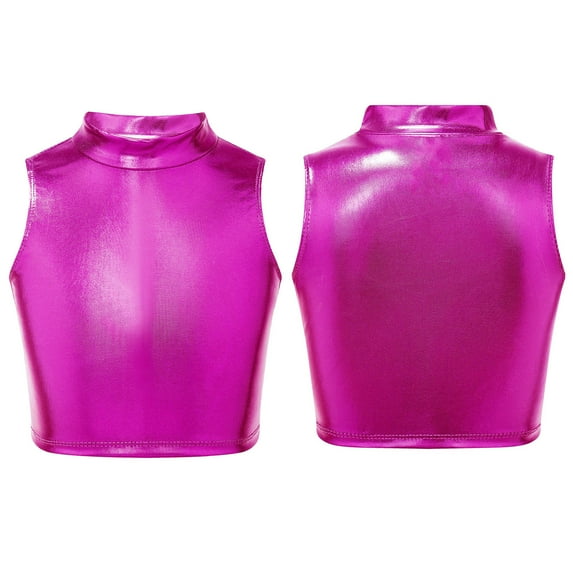 YONGHS Kids Girls Shiny Metallic Sleeveless Crop Tank Tops Ballet Dance Shirt 8-16 Rose Red 6
