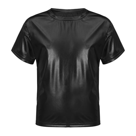 YONGHS Kids Girls Shiny Metallic T-Shirts Short Sleeve Dance Tops 2-18 Black 17-18