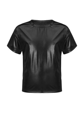  Men Shiny Leather T-Shirt, Glossy PVC Leather, Short