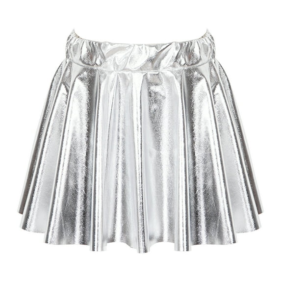 YONGHS Kids Girls Shiny Pleated Skirt High Waist Solid Mini Skirts for Club Party Dance Music Festival Silver 14-15