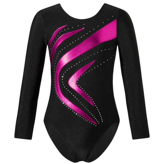 YONGHS Kids Girls Shiny Rhinestone Long Sleeve Gymnastic Leotard Ballet Dance Athletic Bodysuit Top Hot Pink 8