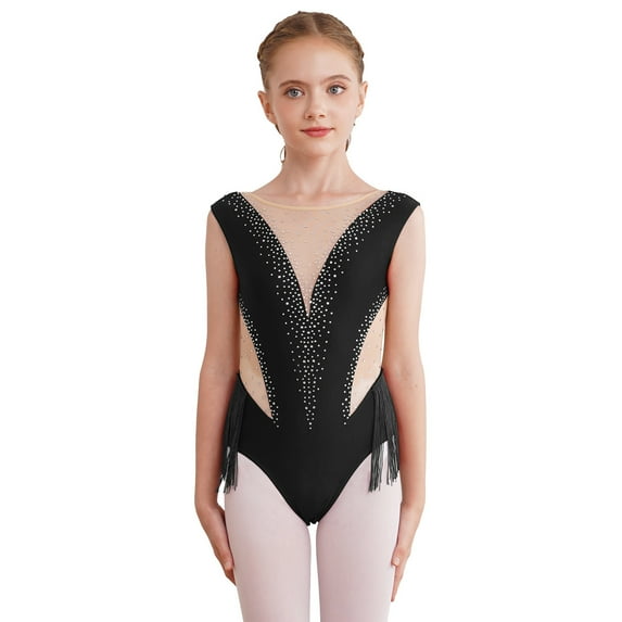 YONGHS Kids Girls Shiny Rhinestone Tassel Skating Dance Gymnastics Leotard Mesh Spliced Bodysuit Black 14