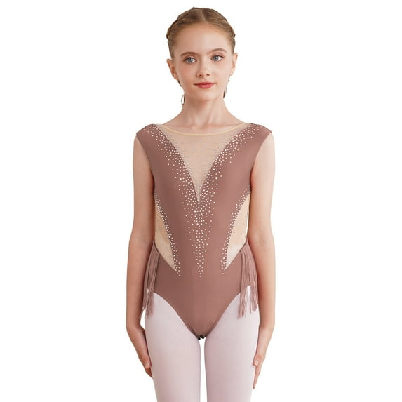 YONGHS Kids Girls Shiny Rhinestone Tassel Skating Dance Gymnastics Leotard Mesh Spliced Bodysuit Coffee 8