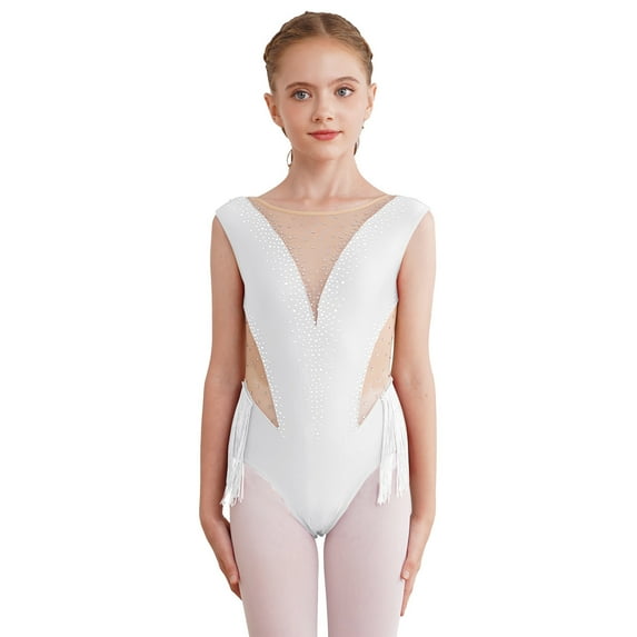 YONGHS Kids Girls Shiny Rhinestone Tassel Skating Dance Gymnastics Leotard Mesh Spliced Bodysuit White 10