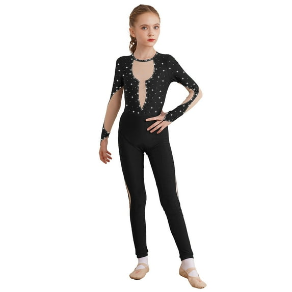 YONGHS Kids Girls Shiny Rhinestones Ballet Gymnastic Dance Leotard Unitard Figure Skating Dancewear Black 12