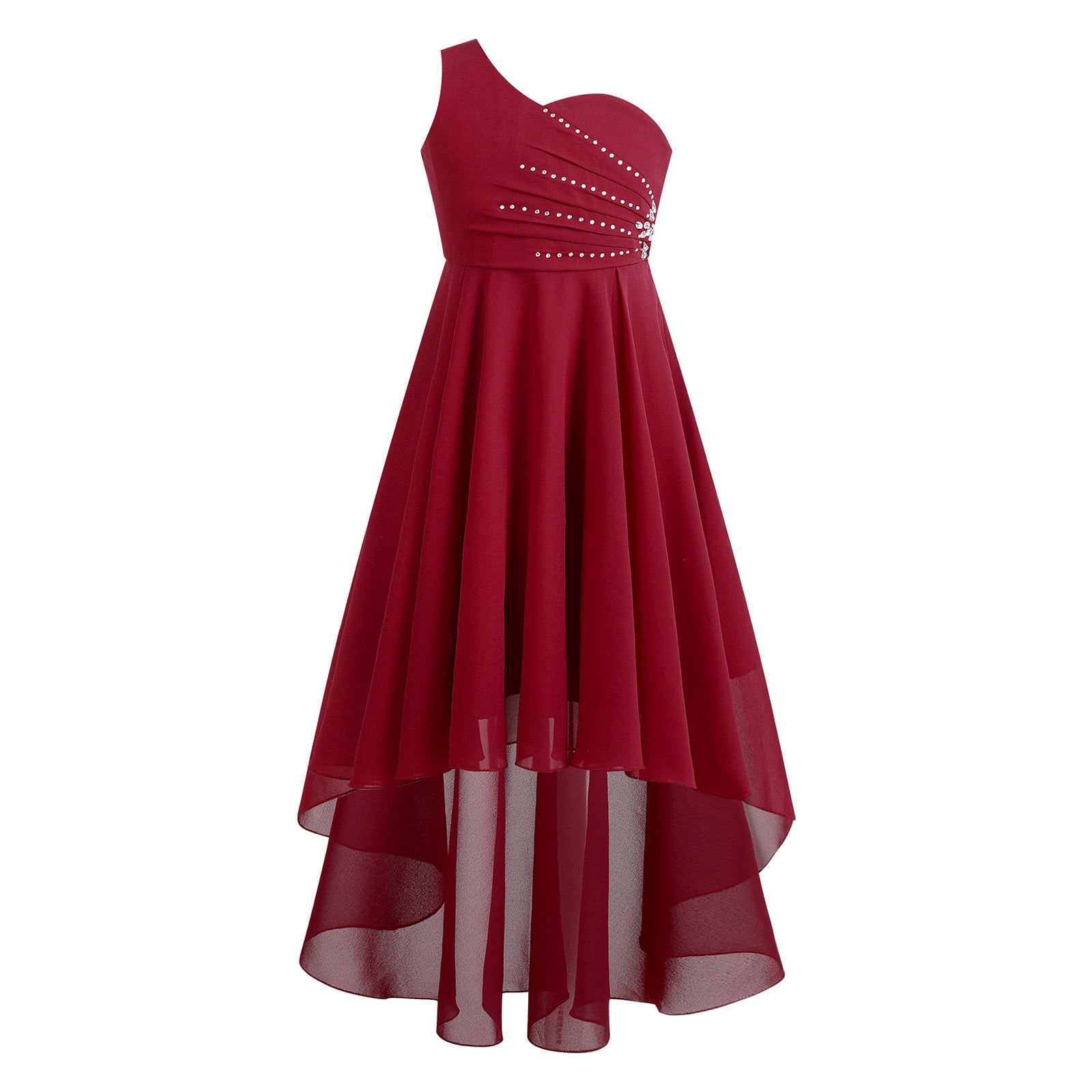 YONGHS Kids Girls Shiny Rhinestones Beaded Party Dress One Shoulder High Low Hem Dance Prom Gown Burgundy 14