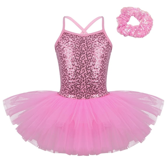 YONGHS Kids Girls Shiny Sequined Ballet Dance Tutu Dress Gymnastics Leotard with Hair Tie Ballerina Costume Pink 9-10