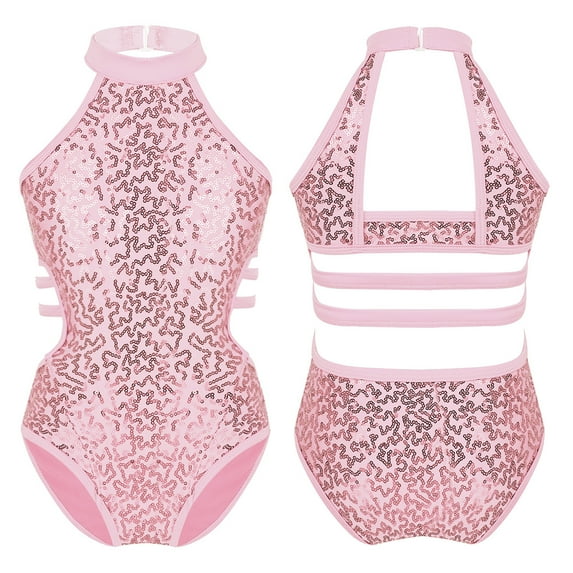 YONGHS Kids Girls Shiny Sequined Halter Neck Leotard Ballet Gymnastics Bodysuit 4-14 Pink 6