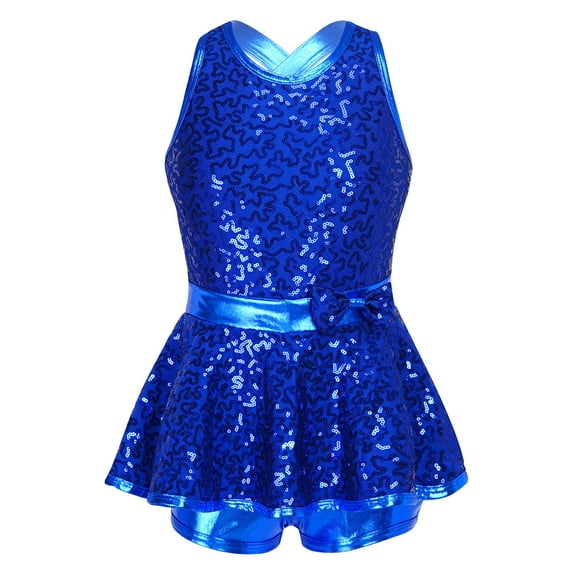 YONGHS Kids Girls Shiny Sequins Criss Cross Back Leotard Dress for Latin Modern Ballet Dance Royal Blue 10