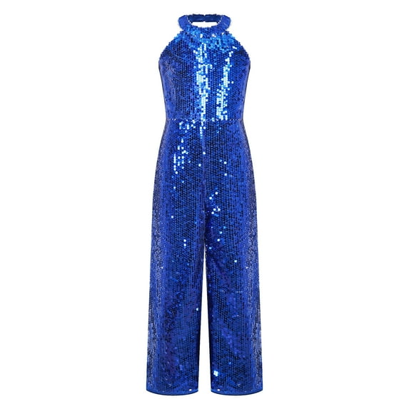 YONGHS Kids Girls Shiny Sequins Dance Jumpsuit Pageant Romper Latin Jazz Ballet Leotard Royal Blue 8