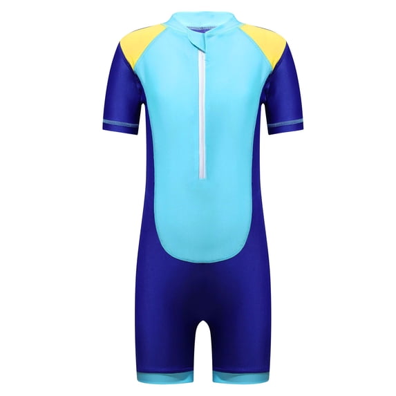YONGHS Kids Girls Short Sleeve Zipper One Piece Swimsuit Beach Bathing Suit Swimming Training Jumpsuit Blue-A 9-11