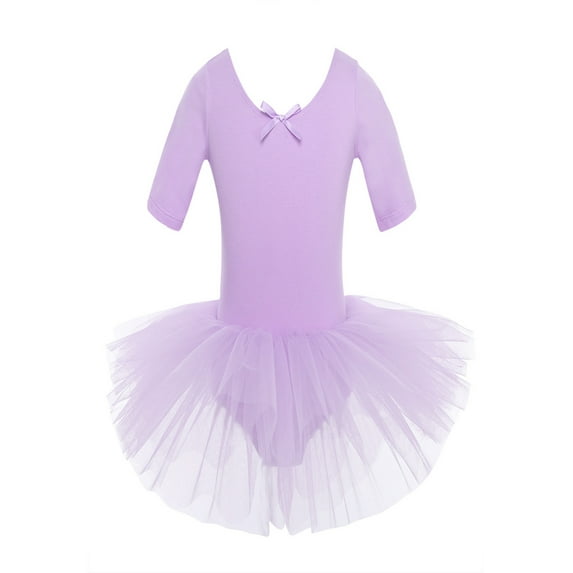 YONGHS Kids Girls Short Sleeves Ballet Dance Leotard Dress Mesh Tutu Skirt 2-14 A Purple 4-5