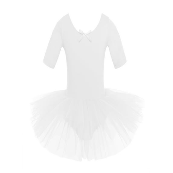YONGHS Kids Girls Short Sleeves Ballet Dance Leotard Dress Mesh Tutu Skirt 2-14 White 5-6