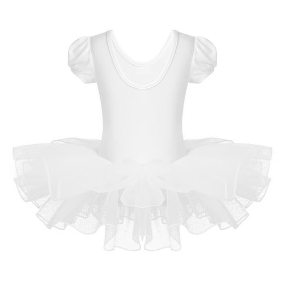 YONGHS Kids Girls Short Sleeves Ballet Dancewear Shiny Rhinestones Gymnastics Leotard Tutu Dress White 3-4