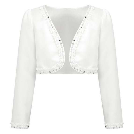 YONGHS Kids Girls Shrug Bolero Beads Long Sleeve Wedding First Communion Open Cardigan Ivory 14/160/11-