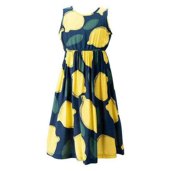 YONGHS Kids Girls Sleeveless Bohemian Beach Dress Flower Printed Summer Hawaiian Flowy Sundress Yellow&Black 13-14