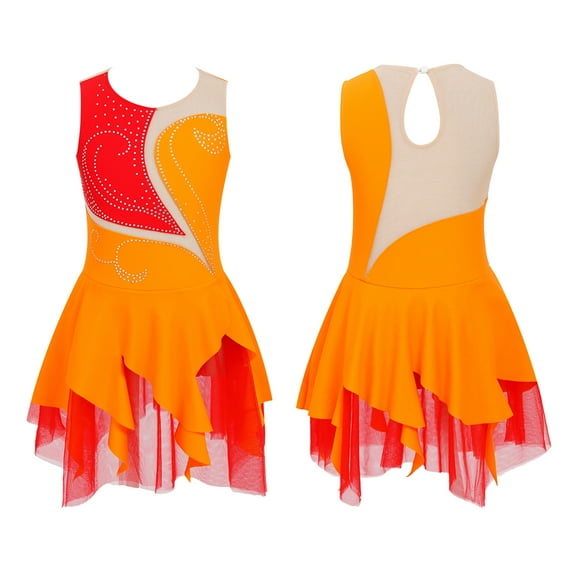 YONGHS Kids Girls Sleeveless Figure Ice Skating Dress Gymnastic Dance Leotard Orange 6