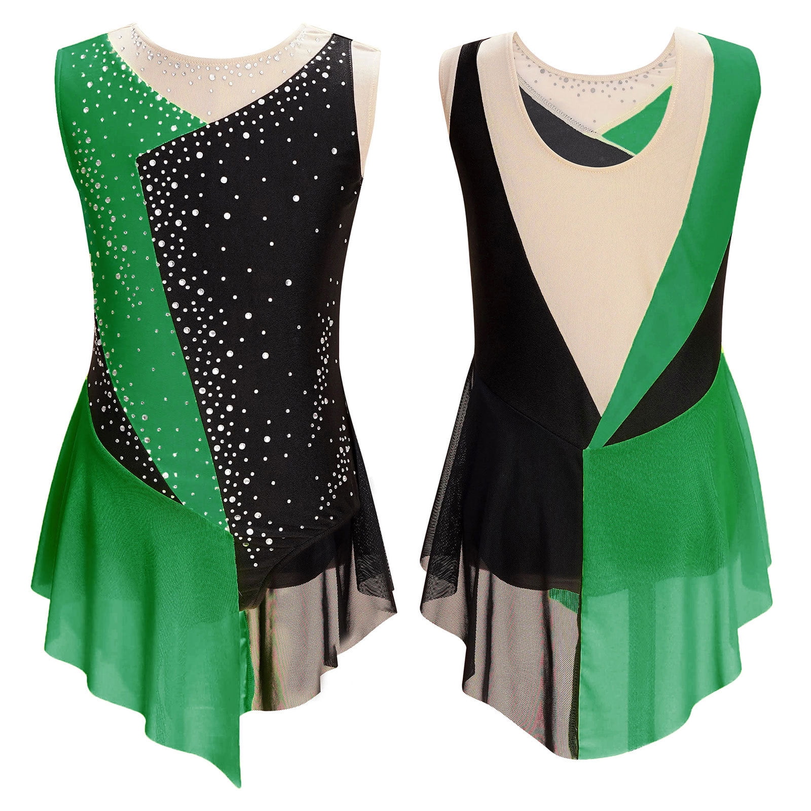 YONGHS Kids Girls Sleeveless Figure Ice Skating Dress Gymnastics  Competition Leotard Costume Green 14 - Walmart.com