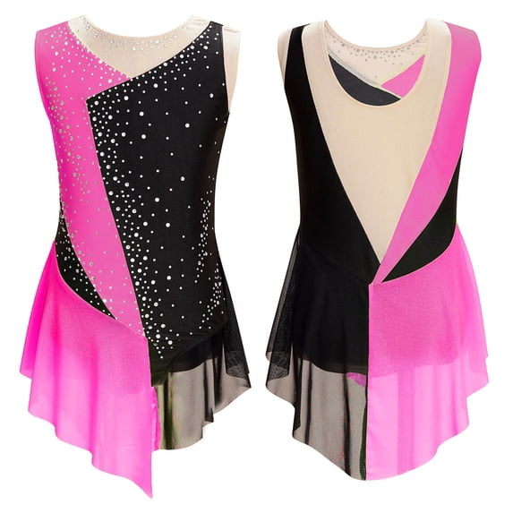 YONGHS Kids Girls Sleeveless Figure Ice Skating Dress Gymnastics Competition Leotard Costume Hot Pink 8