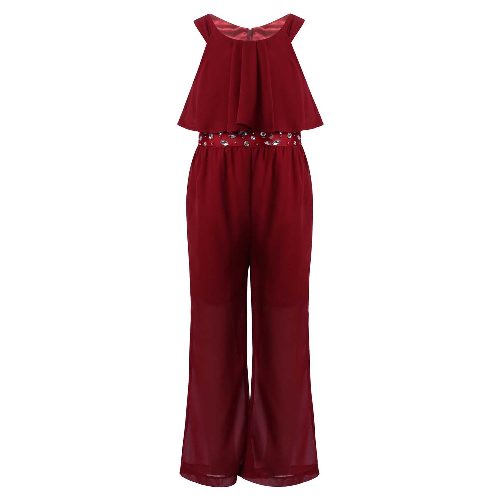 YONGHS Kids Girls Sleeveless High Waist Long Wide Leg Jumpsuit Romper Pants 4 14 Burgundy 12