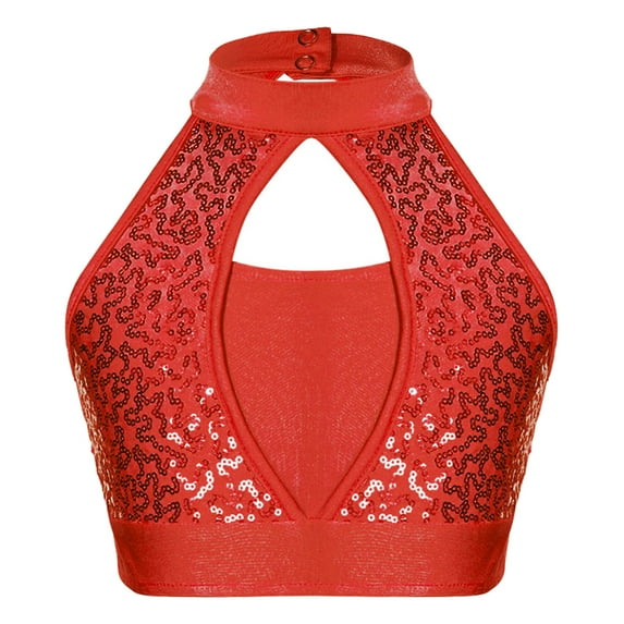 YONGHS Kids Girls Sleeveless Modern Jazz Dance Tank Tops Shiny Sequins Performance Vest Shirt Red 10