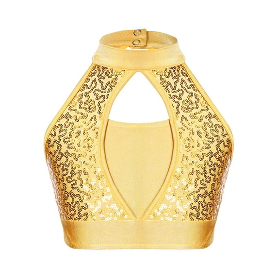 YONGHS Kids Girls Sleeveless Modern Jazz Dance Tank Tops Shiny Sequins Performance Vest Shirt Yellow 16