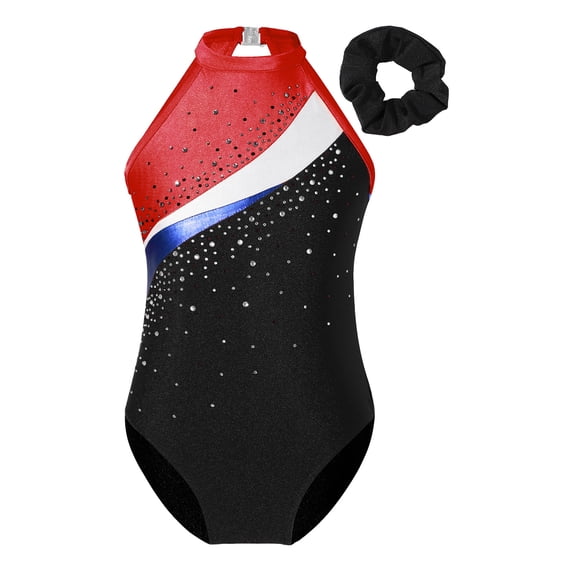 YONGHS Kids Girls Sleeveless Rhinestone Gymnastic Leotard Ballet Dance Bodysuit with Hair Band Set Red 6