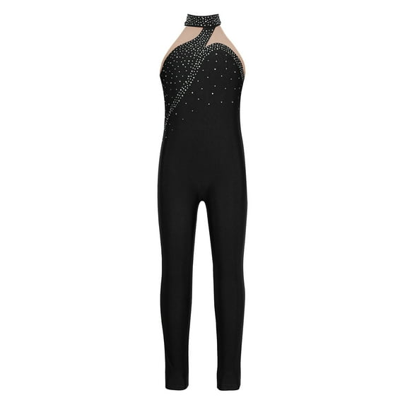YONGHS Kids Girls Sleeveless Rhinestone Gymnastic Leotard Ice Skating Jumpsuit Full Body Unitard Black 12