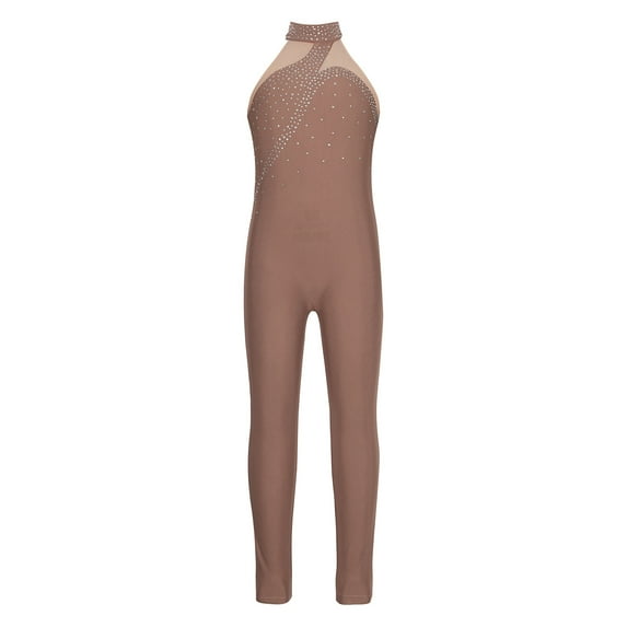 YONGHS Kids Girls Sleeveless Rhinestone Gymnastic Leotard Ice Skating Jumpsuit Full Body Unitard Brown 12