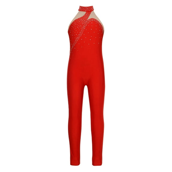 YONGHS Kids Girls Sleeveless Rhinestone Gymnastic Leotard Ice Skating Jumpsuit Full Body Unitard Red 8