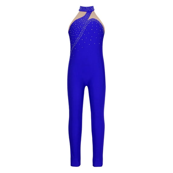 YONGHS Kids Girls Sleeveless Rhinestone Gymnastic Leotard Ice Skating Jumpsuit Full Body Unitard Royal Blue 12