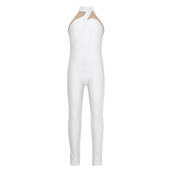 YONGHS Kids Girls Sleeveless Rhinestone Gymnastic Leotard Ice Skating Jumpsuit Full Body Unitard White 6