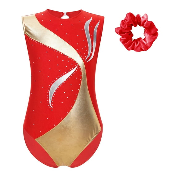 YONGHS Kids Girls Sleeveless Rhinestones Gymnastics Leotards with Headwear Biketard Dance Outfits Red 4