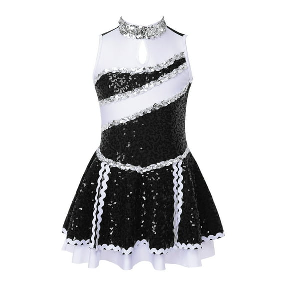 YONGHS Kids Girls Sleeveless Sequins Cheerleading Uniform Dress High School Cheer Leader Costume Black 8