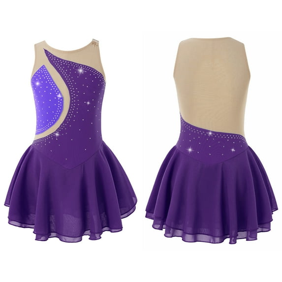 YONGHS Kids Girls Sleeveless Shiny Rhinestone Figure Ice Skating Dress Leotard Dancewear 6-16