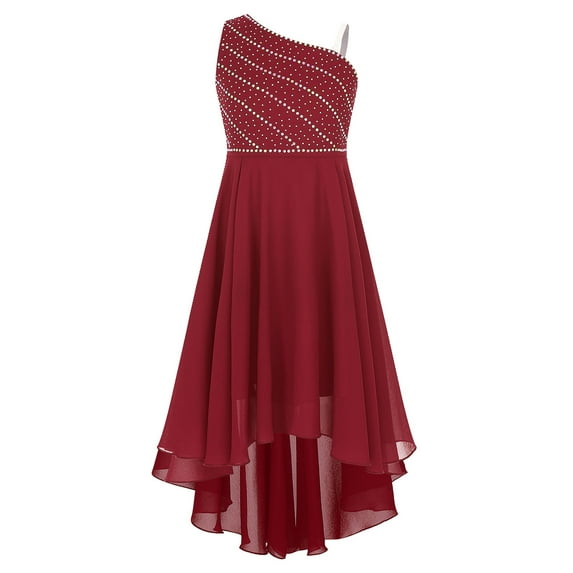 YONGHS Kids Girls Sleeveless Wedding Bridesmaid Dress One Shoulder Asymmetrical Hem Birthday Party Dress Burgundy 8