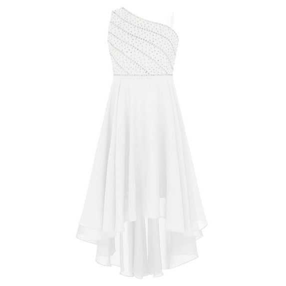 YONGHS Kids Girls Sleeveless Wedding Bridesmaid Dress One Shoulder Asymmetrical Hem Birthday Party Dress Ivory 14