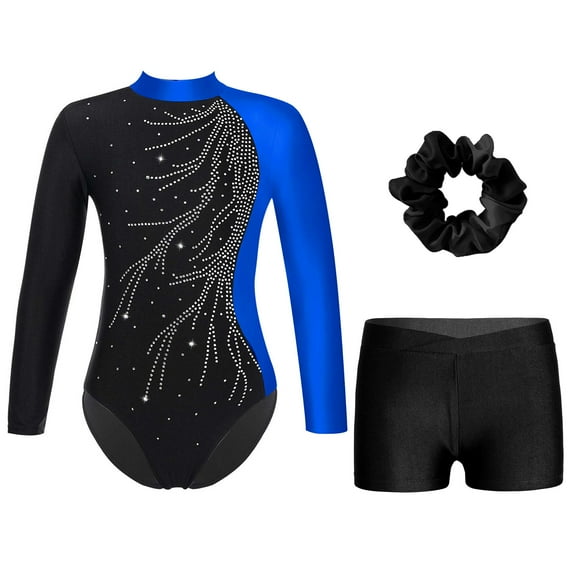 YONGHS Kids Girls Sparkle Diamond Gymnastic Tumbling Leotard Bodysuit with Shorts Hair Band Set Blue&Black 16