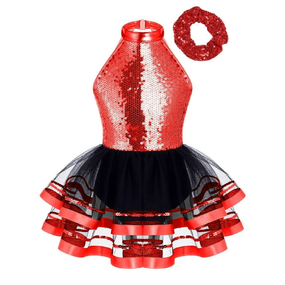 YONGHS Kids Girls Sparkle Hip Hop Jazz Dance Outfits Gymnastic Ballet Leotard Tutu Dress Red 12