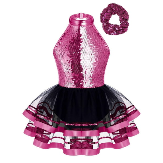 YONGHS Kids Girls Sparkle Hip Hop Jazz Dance Outfits Gymnastic Ballet Leotard Tutu Dress Rose 8