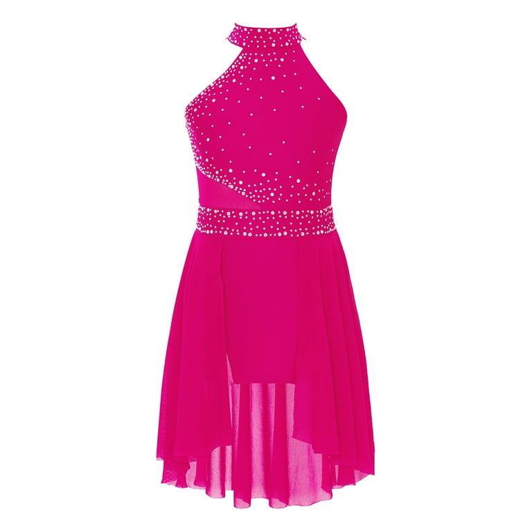 YONGHS Kids Girls Sparkle Ice Skating Modern Contemporary Ballet Latin Lyrical Dance Dress Hot Pink 6