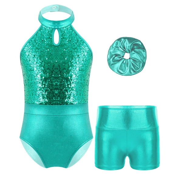 YONGHS Kids Girls Sparkly Gymnastics Leotard Ballet Dance Biketard with Shorts Hair Band Set Blue Green 8
