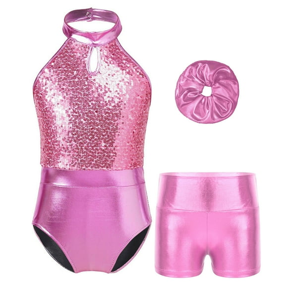 YONGHS Kids Girls Sparkly Gymnastics Leotard Ballet Dance Biketard with Shorts Hair Band Set Light Pink 8